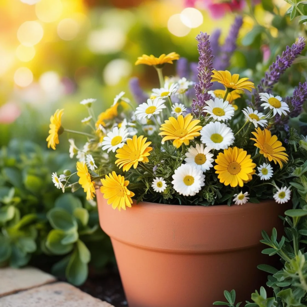 Maceta con flores en un jardín.